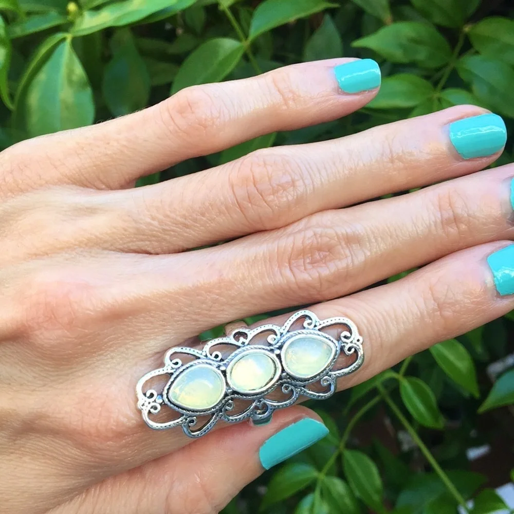 Elegant Silver + Moonstone Filigree Bohemian Statement Ring